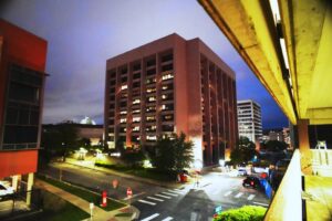 View of Stephen F Austin Building at night.
